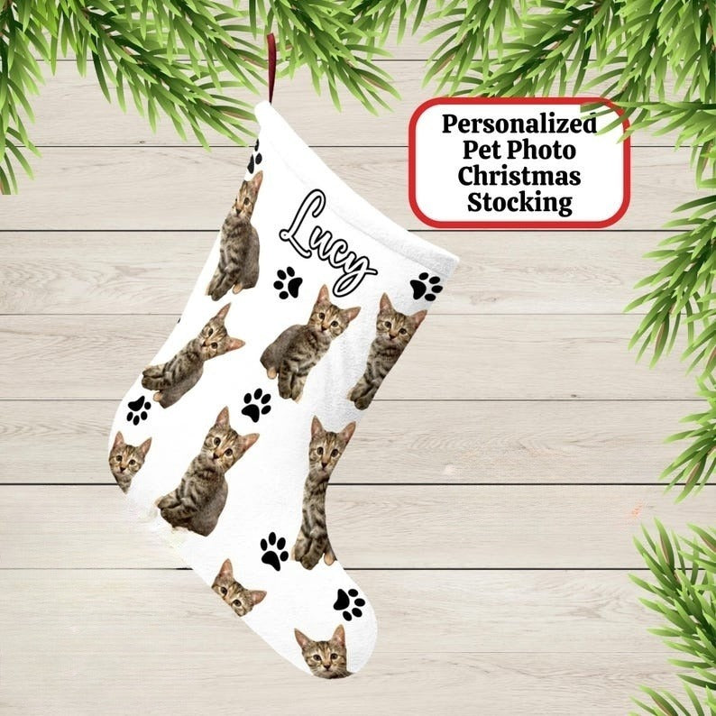Custom Pet Photo Christmas Stocking, Personalized Dog Name Holiday Decor Sock, Large Fleece Stocking, Cat Stocking, Family Mantle Home Decor