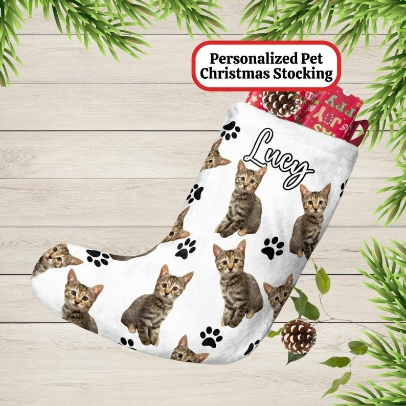Custom Pet Photo Christmas Stocking, Personalized Dog Name Holiday Decor Sock, Large Fleece Stocking, Cat Stocking, Family Mantle Home Decor