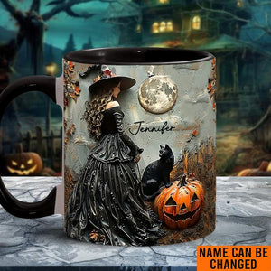 Custom Beautiful Witch Halloween Accent Mug, Personalized Wiccan Coffee Cup Oil Paint Effect Witchy Gifts Witchcraft Teacup Gift for Pagan
