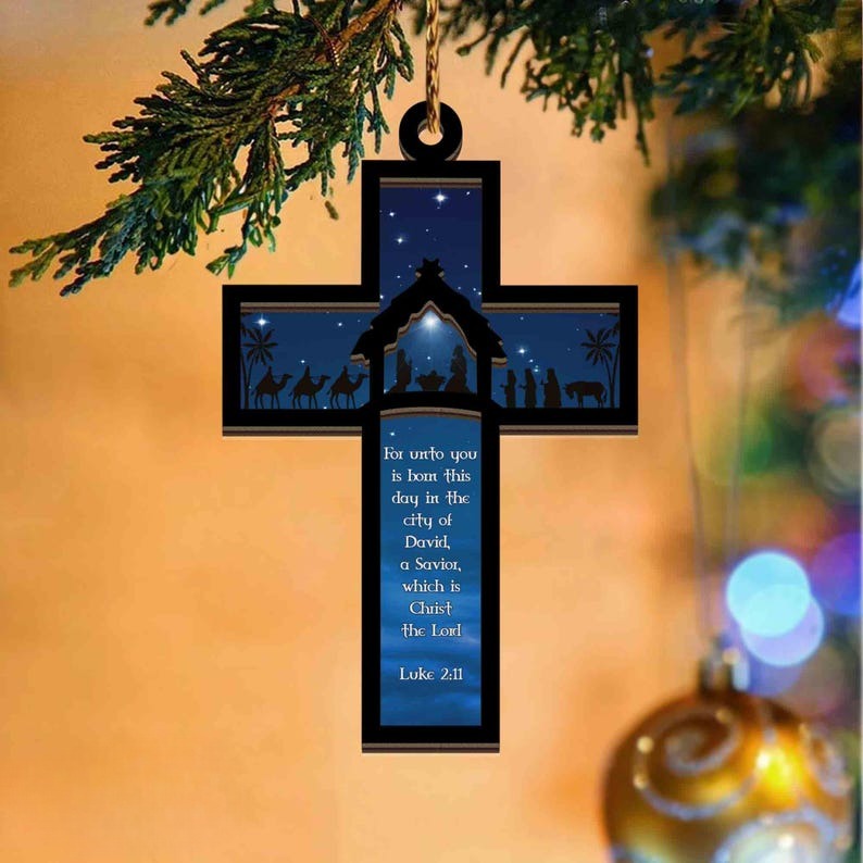 Nativity Cross Scripture Christmas Ornament, Nativity Scene Suncatcher, Religious Ornament Luke 2:11 Nativity Ornament, Church Group Gift
