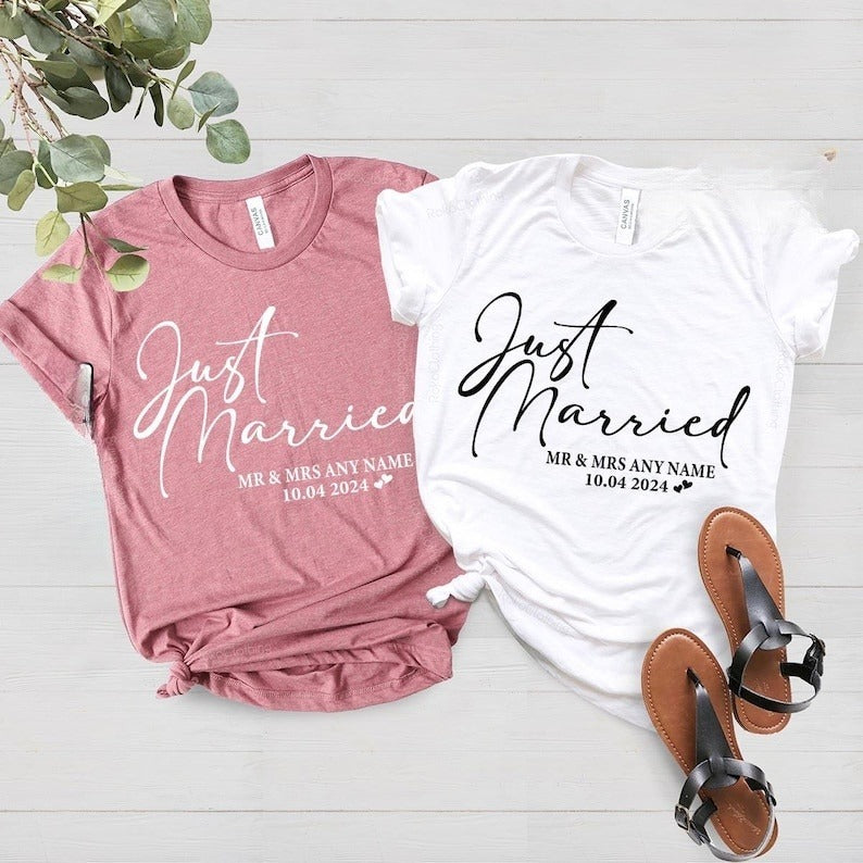 Just Married T-Shirt, Personalized Husband and Wife Couples Honeymoon T-Shirt, Finally Matching Wedding Tee, Mr and Mrs Any Name Any Date