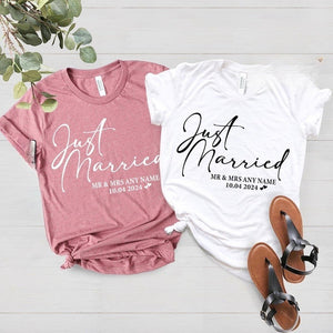 Just Married T-Shirt, Personalized Husband and Wife Couples Honeymoon T-Shirt, Finally Matching Wedding Tee, Mr and Mrs Any Name Any Date