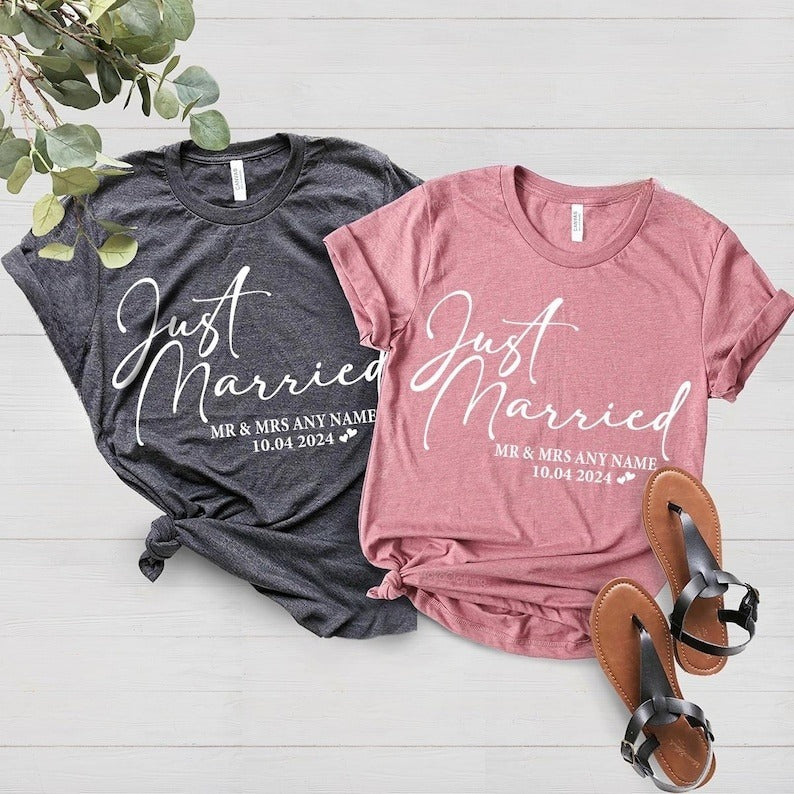 Just Married T-Shirt, Personalized Husband and Wife Couples Honeymoon T-Shirt, Finally Matching Wedding Tee, Mr and Mrs Any Name Any Date