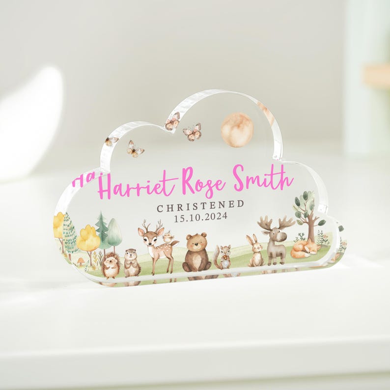 Personalised Christening Gift, Woodland Cloud Baby Plaque, Christening Keepsake Gift, Gift for New Baby, Baptised Gift, Dedicated Gifts