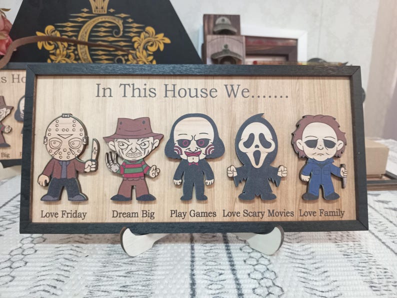 In This House We Horror Character Halloween Frame Wood Sign Home Decoration, Gift for Father's Day, Halloween Gift Idea