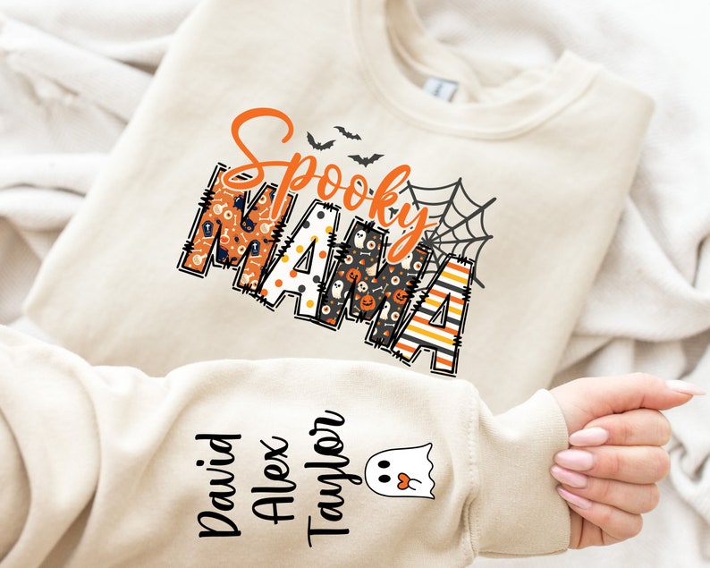 Custom Halloween Spooky Mama Sweatshirt with Kids Name on Sleeve Sweatshirt, Cool Mama Halloween Sweatshirt, Mama Halloween Gift,Custom Mama