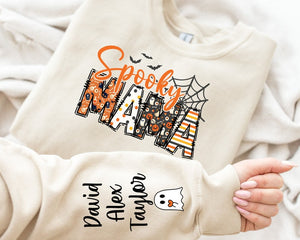 Custom Halloween Spooky Mama Sweatshirt with Kids Name on Sleeve Sweatshirt, Cool Mama Halloween Sweatshirt, Mama Halloween Gift,Custom Mama