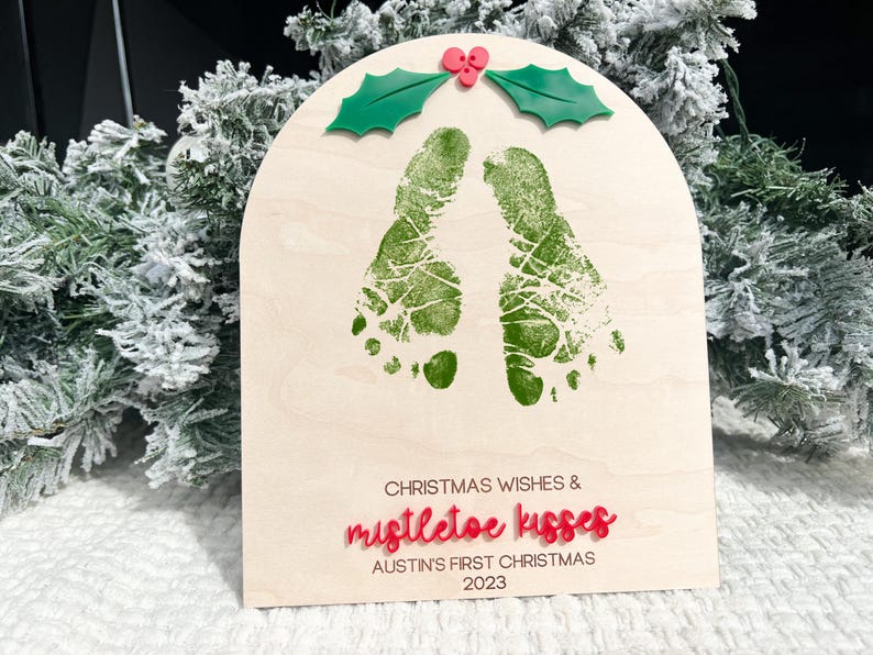 Christmas Footprint Sign Board, Mistletoe Kids Christmas Footprint Craft, Mistletoe Kisses Footprint Keepsake Board, Baby Feet Christmas