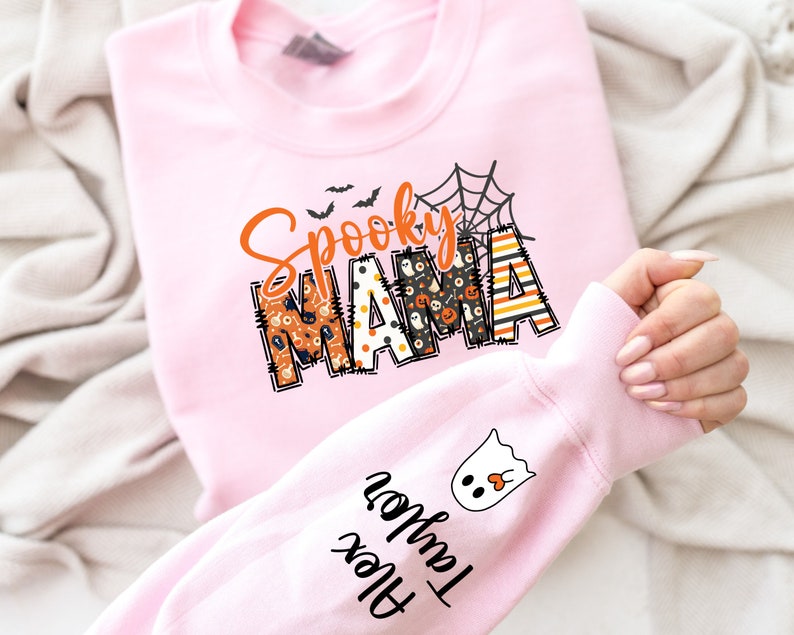 Custom Halloween Spooky Mama Sweatshirt with Kids Name on Sleeve Sweatshirt, Cool Mama Halloween Sweatshirt, Mama Halloween Gift,Custom Mama