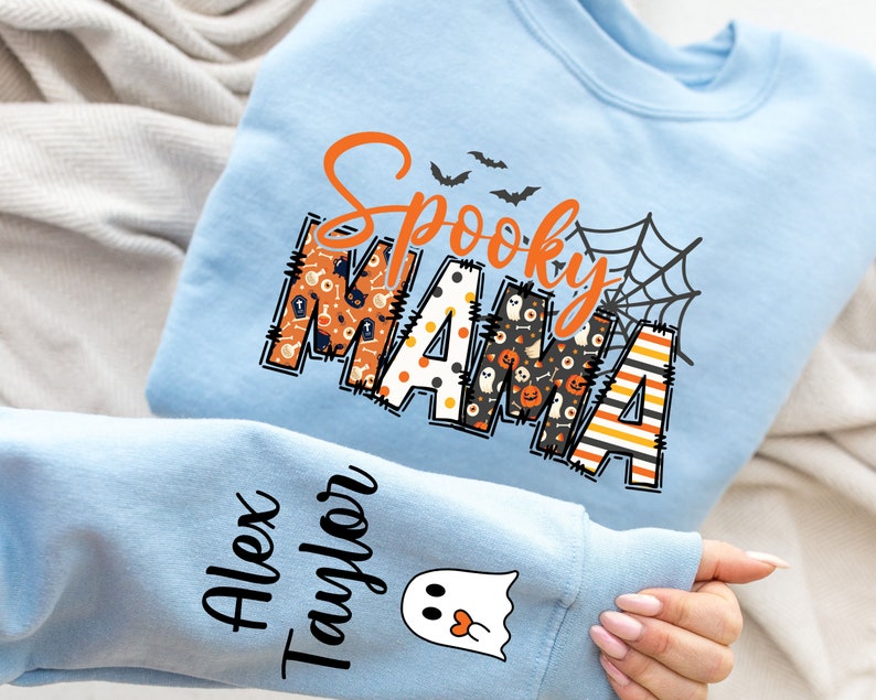 Custom Halloween Spooky Mama Sweatshirt with Kids Name on Sleeve Sweatshirt, Cool Mama Halloween Sweatshirt, Mama Halloween Gift,Custom Mama