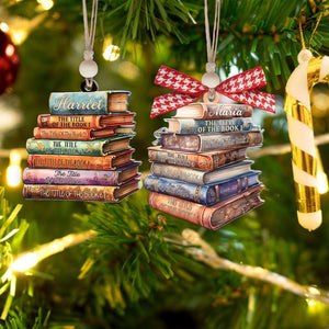 Personalized Flat Christmas Books Stack Ornament, Book Lover Christmas Ornament, Custom Book Titles, Custom Book Lover Christmas Gifts