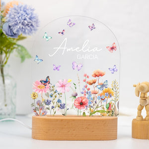 Custom Floral Butterfly Name Night Light,Personalized Flower Garden Night Lamp,Birthday Gift for Her,Bedroom Bedside Light,Nursery Decor