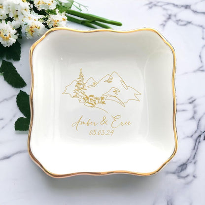 Personalized Anniversary Gift, Custom Wedding Date, Engagement Gift For Her, Mountain Ridge Ring Dish, Mountain Jewelry Dish, Proposal Gifts