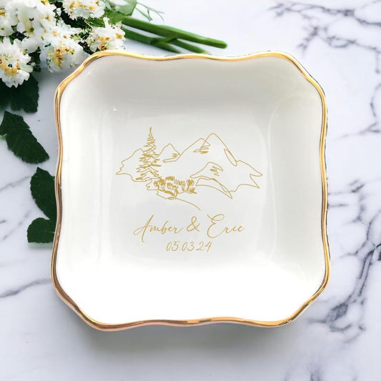 Personalized Anniversary Gift, Custom Wedding Date, Engagement Gift For Her, Mountain Ridge Ring Dish, Mountain Jewelry Dish, Proposal Gifts