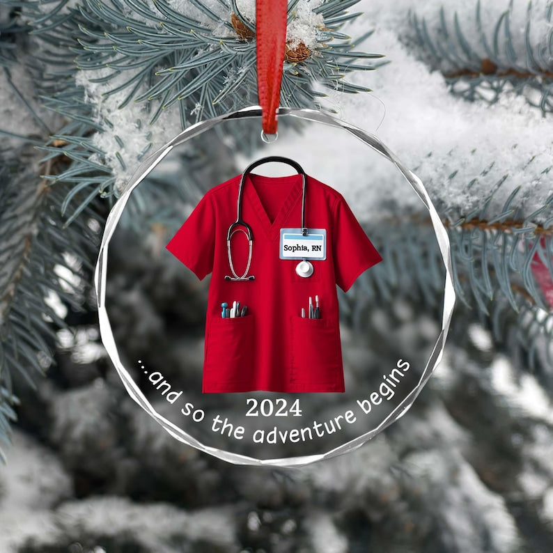 Personalized Scrubs Nurse Ornament, Doctor Christmas Glass Ornament, Healthcare Workers, Gift For Co-worker, RN Keepsake, BSN Costume Gift
