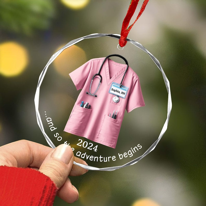 Personalized Scrubs Nurse Ornament, Doctor Christmas Glass Ornament, Healthcare Workers, Gift For Co-worker, RN Keepsake, BSN Costume Gift