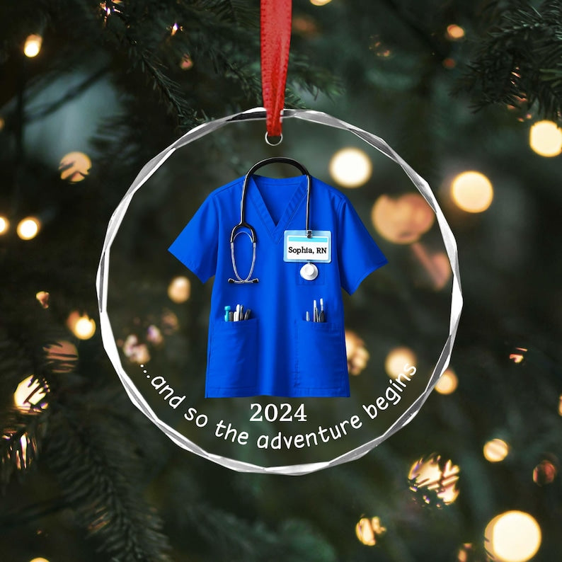 Personalized Scrubs Nurse Ornament, Doctor Christmas Glass Ornament, Healthcare Workers, Gift For Co-worker, RN Keepsake, BSN Costume Gift