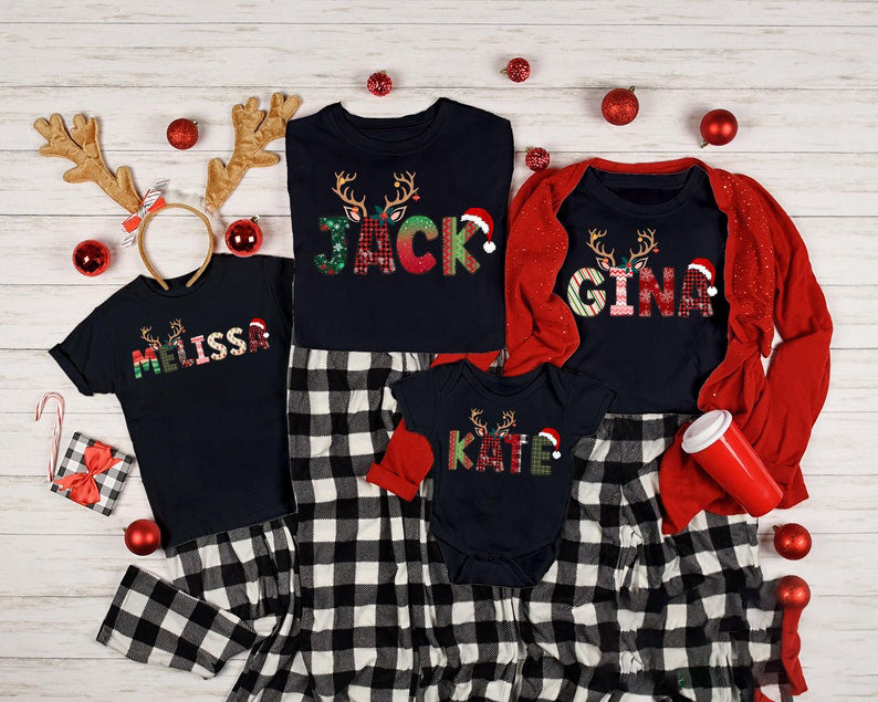 Family Christmas Name Shirt, Doodle Alphabet Family Christmas Shirt, Personalized Christmas Family T-Shirt, Custom Christmas Shirt With Name