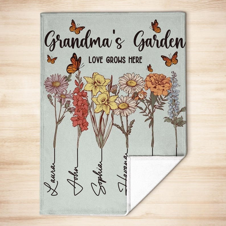 Personalized Grandmas Garden Blanket, Grandma Love Grows Here Blanket, Birth Month Flowers With Family Names Gift, Mother's Day Gift