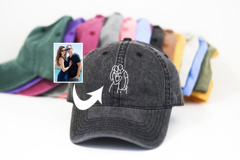 Personalized Line Drawing Baseball Hat: Photo Embroidery, Memory Gift
