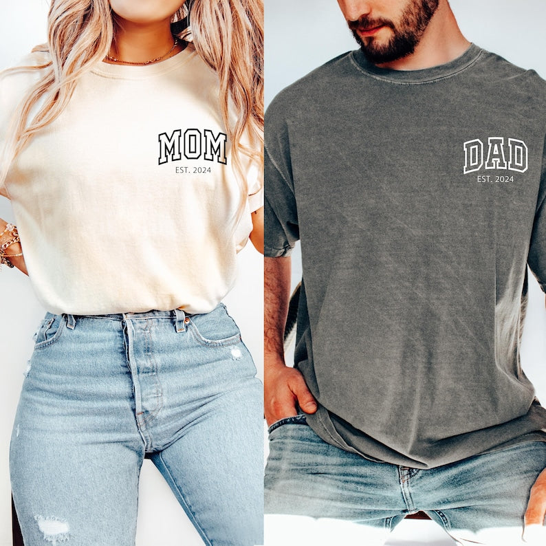 Custom Mom Dad T-shirt, Personalized Mama & Dad Pocket Shirt, Pregnancy Announcement Tee, Matching Parents Outfit Gifts