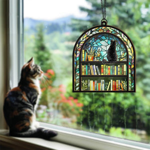 Personalized Cat Book Suncatcher Ornament, Custom Reading Cat Acrylic Window Hanging, Book Window Decor, Book Lover Gift, Cat Lover Gift