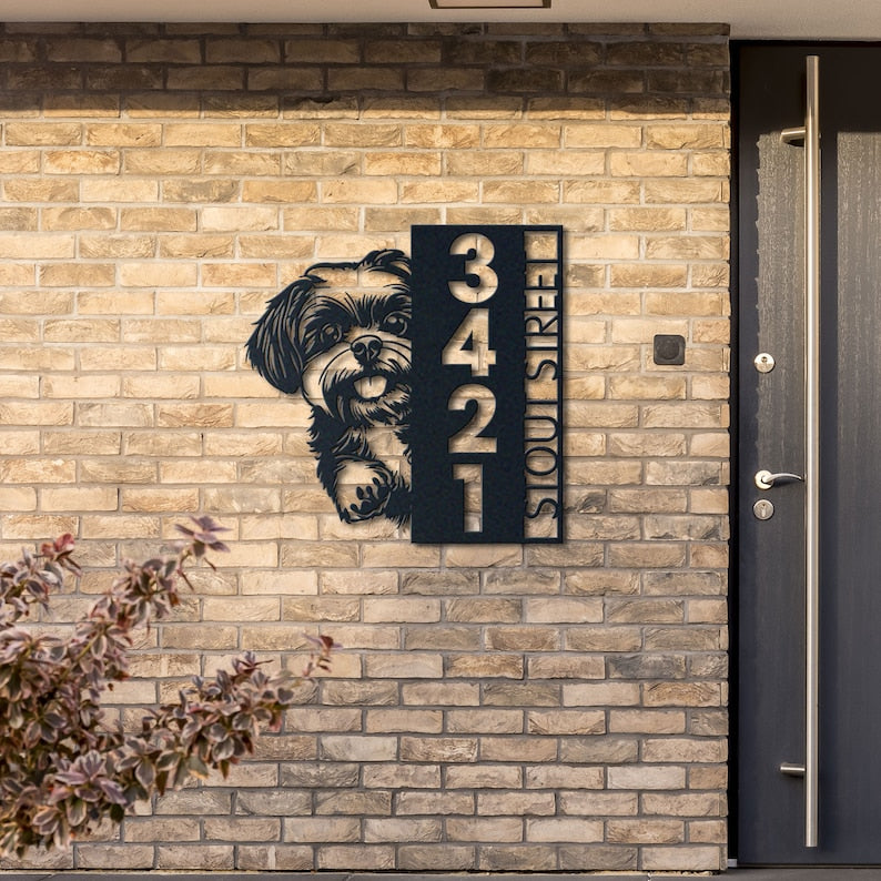 Dog House Number, Dog Address Sign, Shih Tzu Sign, Vertical House Number Plaque for Outdoor Use