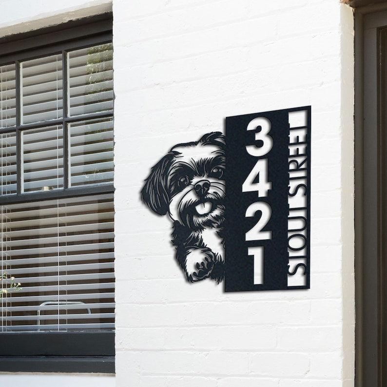 Dog House Number, Dog Address Sign, Shih Tzu Sign, Vertical House Number Plaque for Outdoor Use