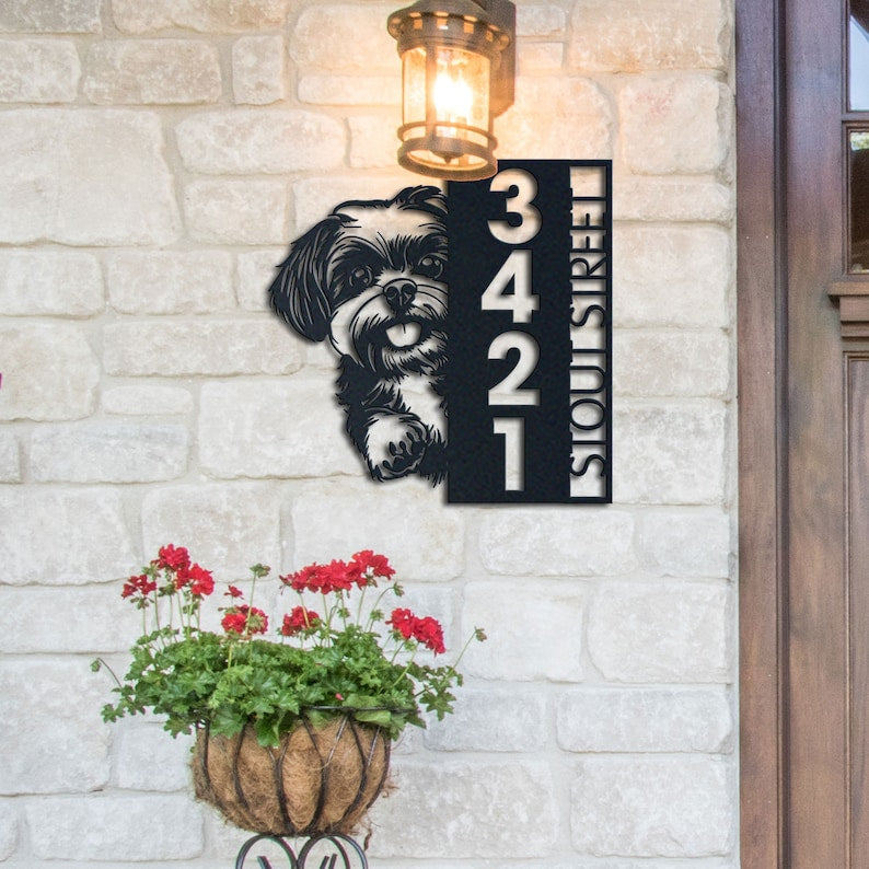 Dog House Number, Dog Address Sign, Shih Tzu Sign, Vertical House Number Plaque for Outdoor Use