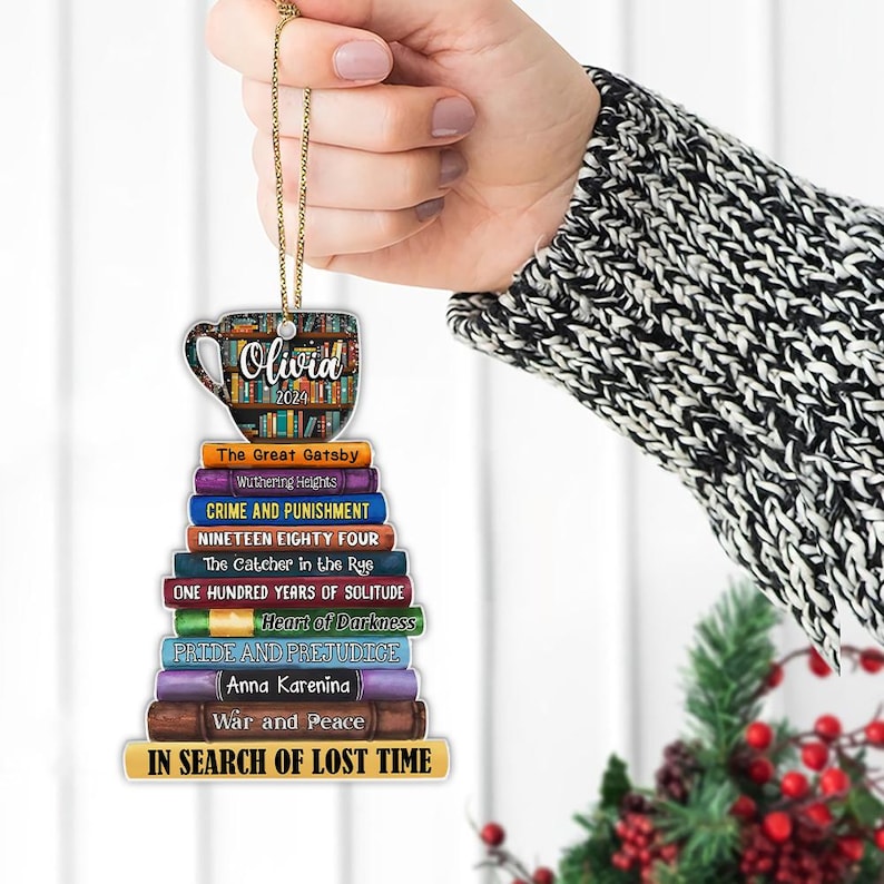 Coffee And Book Personalized Christmas Book Tree Name Ornament, Custom Bookish Ornament Book Lover Gift Bookworm Gifts Book Club Ornament, Librarian Gift