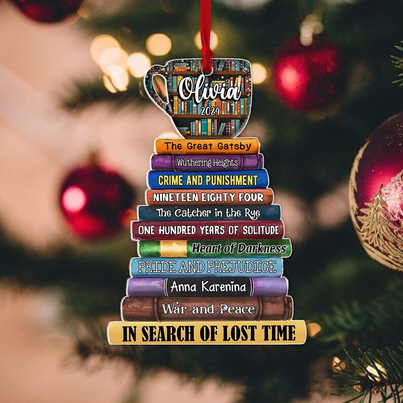 Coffee And Book Personalized Christmas Book Tree Name Ornament, Custom Bookish Ornament Book Lover Gift Bookworm Gifts Book Club Ornament, Librarian Gift