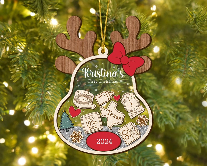 Baby's First Christmas Ornament, Cute Reindeer Baby's 1st Xmas Ornament, Baby Ornament 2024, New Baby Gifts, 4D Shake Babies Ornament