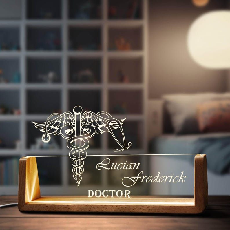 Custom Medical Symbol Desk Name Plate Personalized Nursing LED Light Wooden Base Acrylic Office Accessories Wood Name Sign Doctor Decor Gift