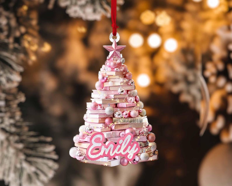 Personalized Christmas Book Tree Name Ornament, Custom Book Ornament, Book Lover Gift, Bookworm Gifts, Baby Girl Keepsake, Librarian Gifts