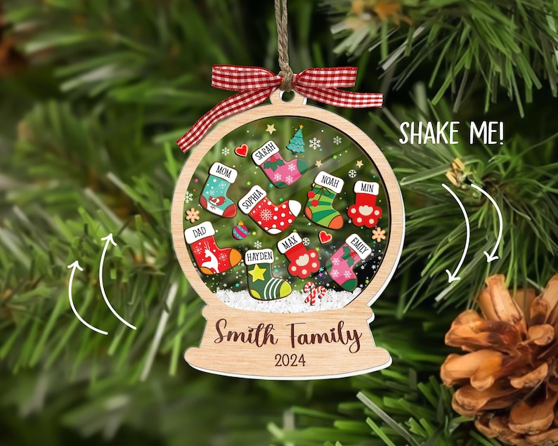 Custom Stocking Family Shaker Ornament, Personalized Family Christmas Ornament 2024, 4D Shaker Ornament, Family and Pet Ornament Keepsake