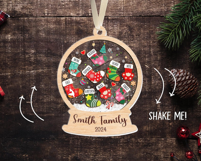 Custom Stocking Family Shaker Ornament, Personalized Family Christmas Ornament 2024, 4D Shaker Ornament, Family and Pet Ornament Keepsake