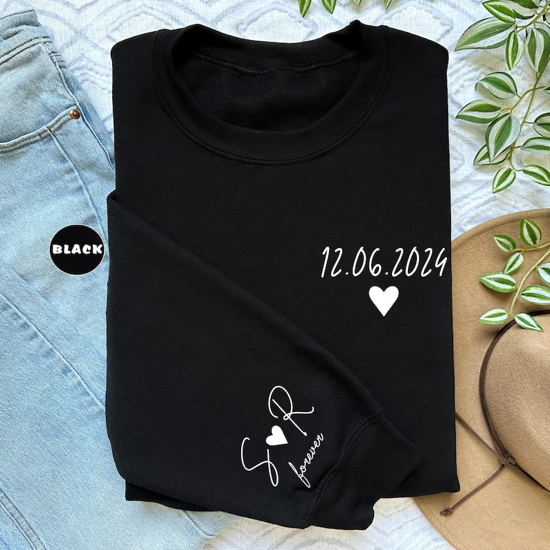 Personalized Date Sweatshirt With Initials On Sleeve, Custom Couple Hoodie, Anniversaries Outfit, Matching Valentines Clothing, Wedding Gift