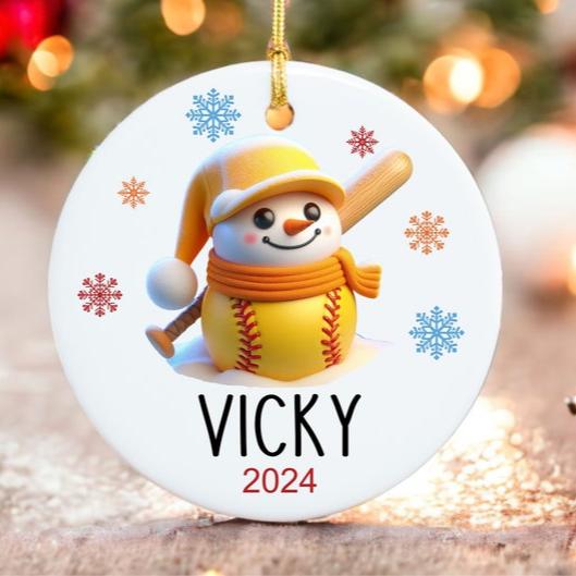 Custom Softball Ornament - Snowman Name Ornament - 2024 Softball Ornament - Personalized Christmas gift - Family Keepsake - Snowman Ornament