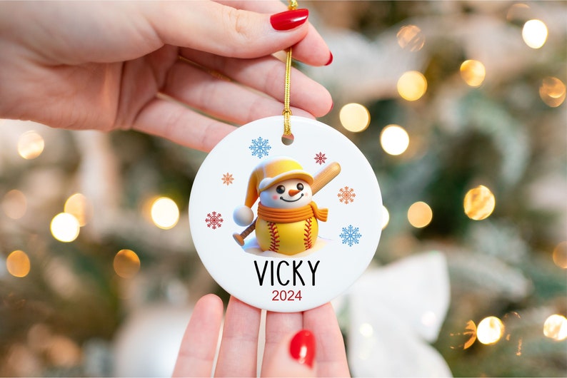 Custom Softball Ornament - Snowman Name Ornament - 2024 Softball Ornament - Personalized Christmas gift - Family Keepsake - Snowman Ornament