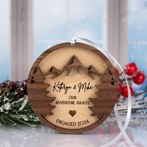 Engagement Ornament Personalized Couples Wooden Engraved Decorations Gifts for Fiance Our First Christmas Engaged Married Mountains Trees
