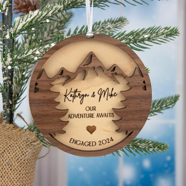 Engagement Ornament Personalized Couples Wooden Engraved Decorations Gifts for Fiance Our First Christmas Engaged Married Mountains Trees