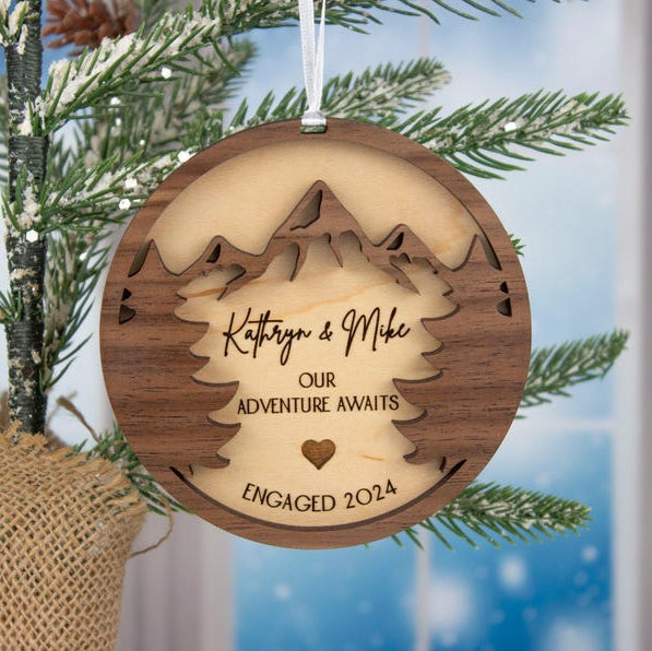Engagement Ornament Personalized Couples Wooden Engraved Decorations Gifts for Fiance Our First Christmas Engaged Married Mountains Trees