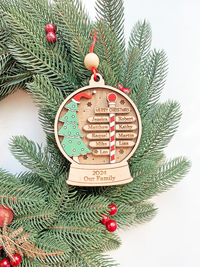 Personalized Family Christmas Ornament, North Pole Family Name Ornament Laser Cut, Christmas Tree ornament, Family Names 2-11