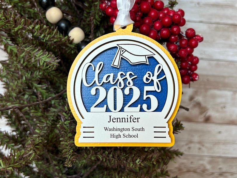 Personalized Class of 2025 Graduation Ornament - Custom Laser Cut Wood Christmas Ornament with Graduate s Name and School and Colors