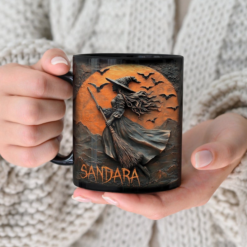 Personalized Halloween Witch Mug, Custom Beautiful Halloween Accent Mug, Custom Name 2D Accent Mug, Gifts Witchcraft Teacup, Gift for Pagan