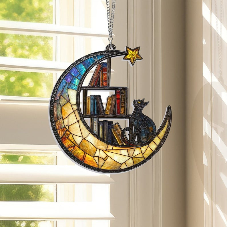Cat Book On The Moon Acrylic Suncatcher Window Hanging, Book Window Decor, Book Lover Gifts, Book Ornament, Indoor Decor, Librarian Gifts