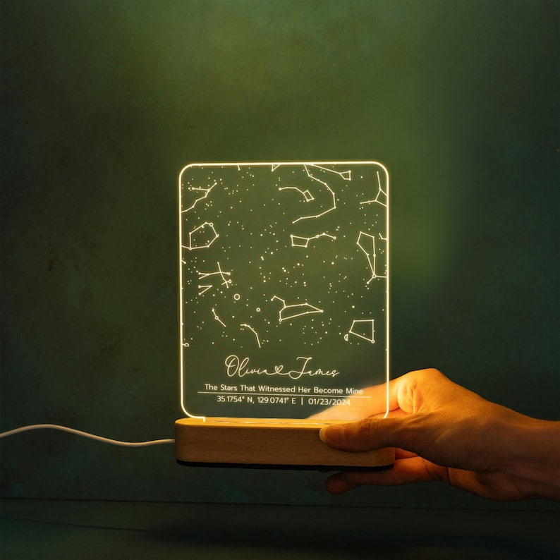 Personalized Star Map Night Light - Custom Constellation Map By Date - Night Sky Keepsake - Engagement Gift For Him And Her