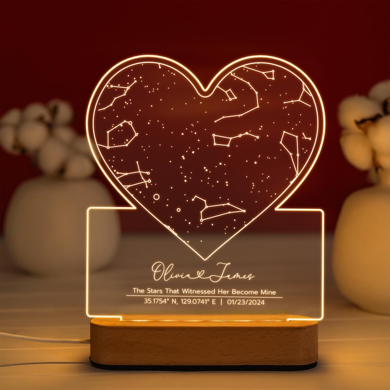 Personalized Star Map Night Light - Custom Constellation Map By Date - Night Sky Keepsake - Engagement Gift For Him And Her