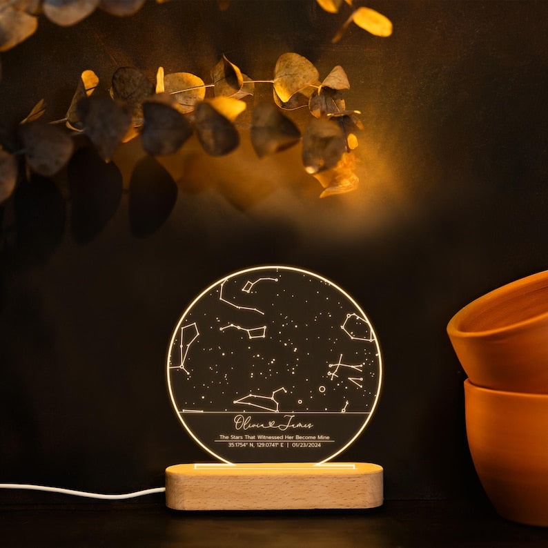 Personalized Star Map Night Light - Custom Constellation Map By Date - Night Sky Keepsake - Engagement Gift For Him And Her