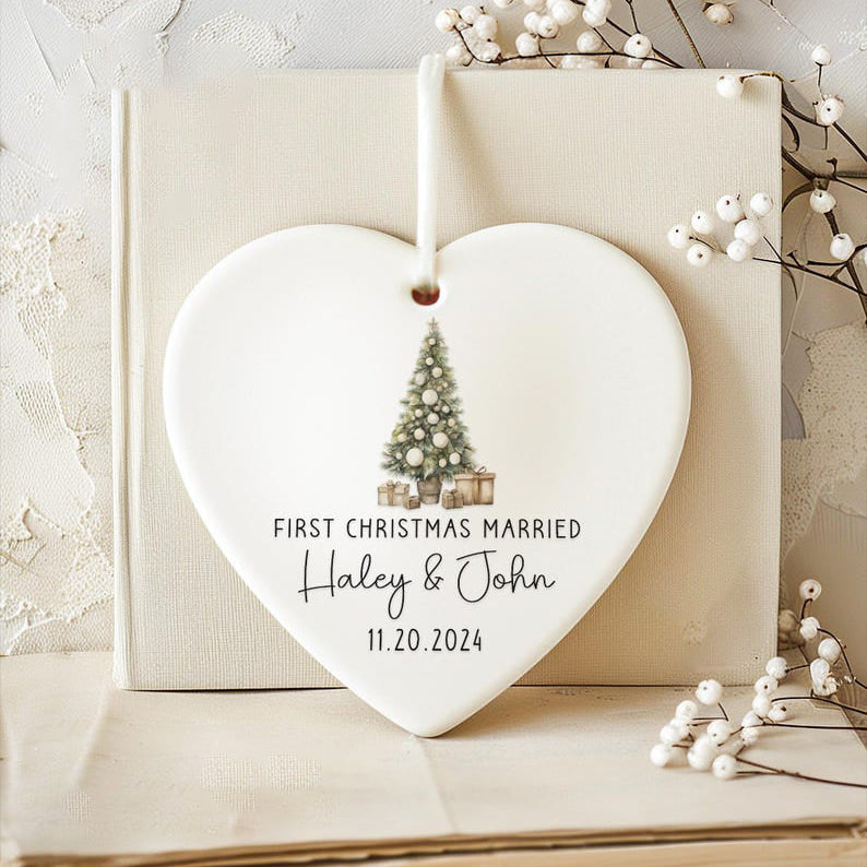 First Christmas Married Ornament 2025 - Personalized Script Married Christmas Ornament w/ Names and Date - Custom Christmas Married Ornament